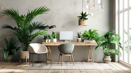 arrangement of front view workspace composition with plants