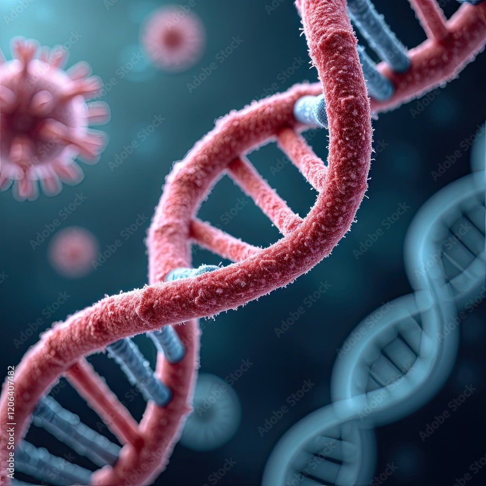 Poster detailed microscopic view of a dna strand, showcasing its intricate double helix structure. surround