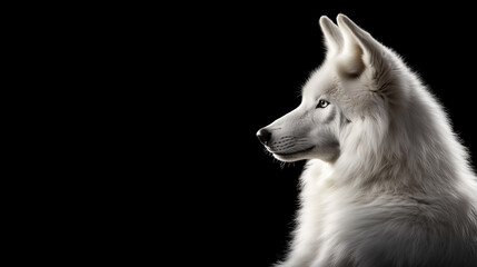 Fototapeta premium Majestic white wolf profile with intense blue eyes on dark background