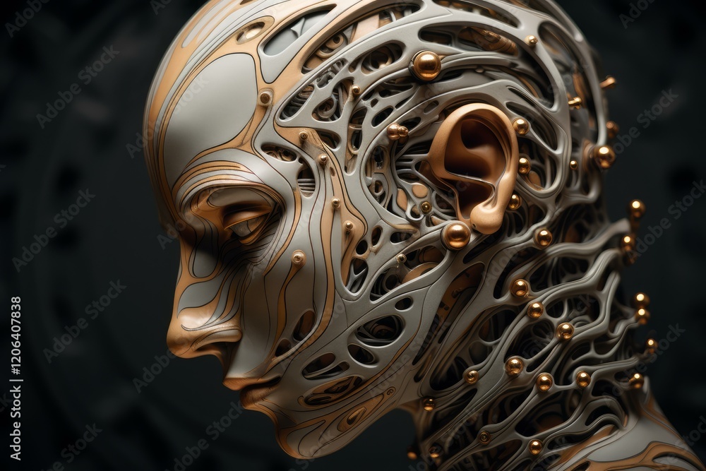 Poster profile view of futuristic android head showing artificial intelligence and machine learning