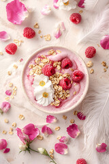 Delicious raspberry smoothie bowl topped with granola and flowers. Perfect healthy breakfast or snack!