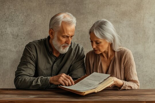 Senior couple attentively reviewing documents together at a wooden table, possibly financial or legal papers.