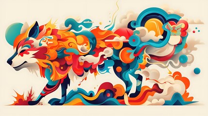 Fototapeta premium Colorful abstract wolf walking, nature background, fantasy art, graphic design