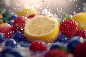 Vibrant fresh fruit arrangement with water splashes evokes energy and refreshing atmosphere