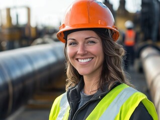 Confident Woman in Safety Gear near Industrial Pipeline