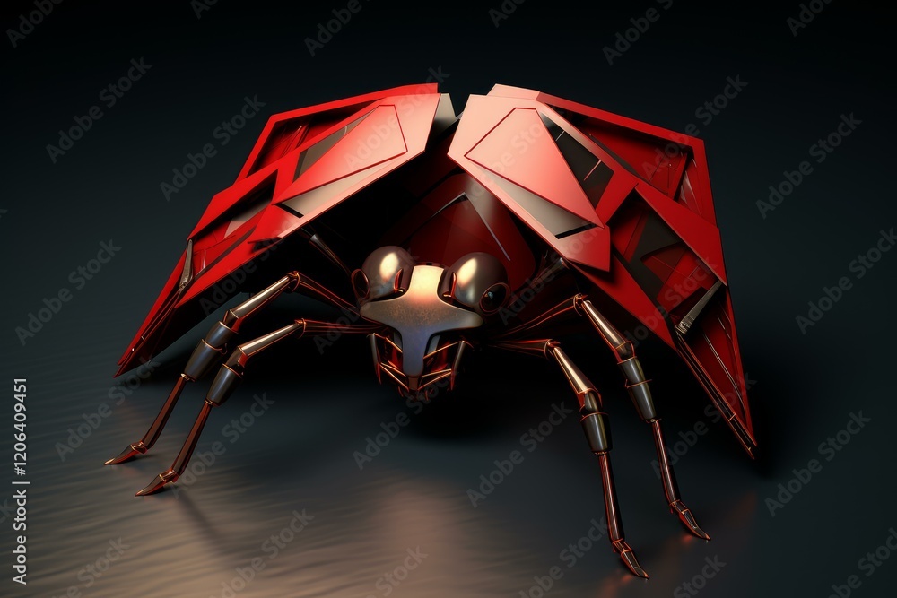 Poster red and metallic futuristic insect with sharp angles standing on dark gray surface
