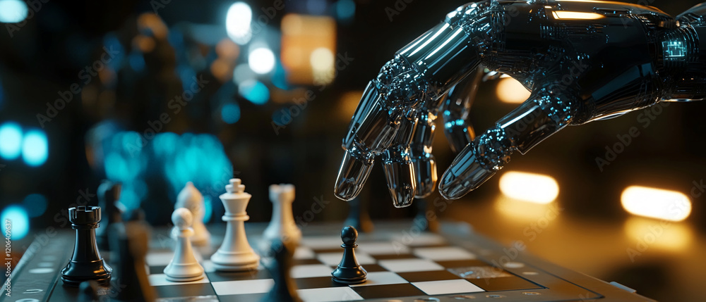 Aufkleber Robot hand making a strategic move on a chessboard in a futuristic setting with vibrant lighting and high-tech ambiance