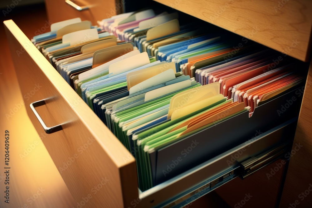Poster open wooden filing cabinet drawer revealing neatly arranged, color coded files, emphasizing organiza