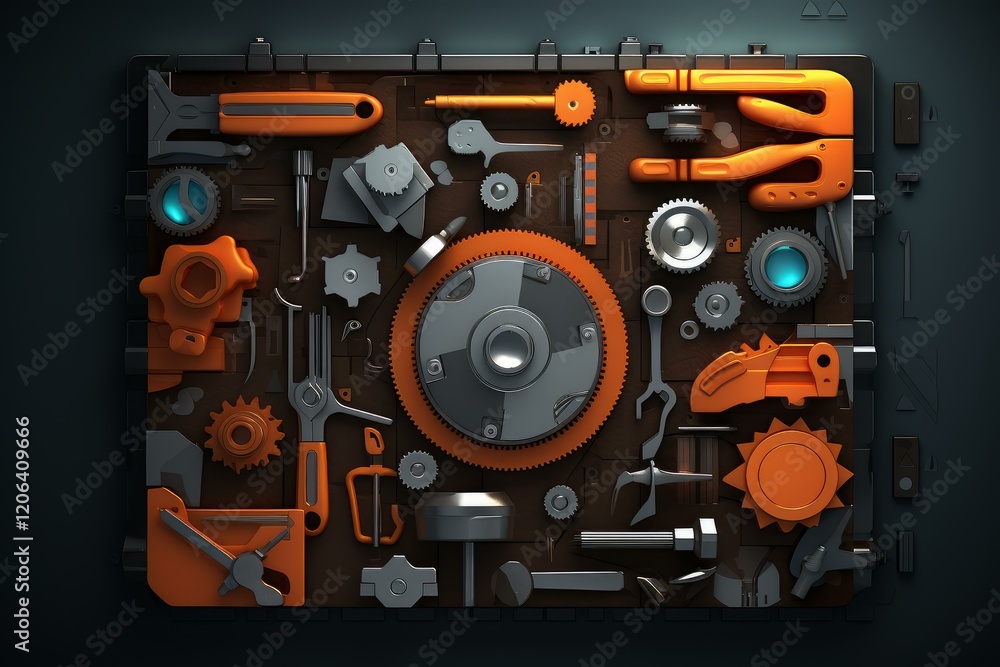 Poster orange and metallic tools arranged on a dark panel, creating a visually appealing flat lay compositi