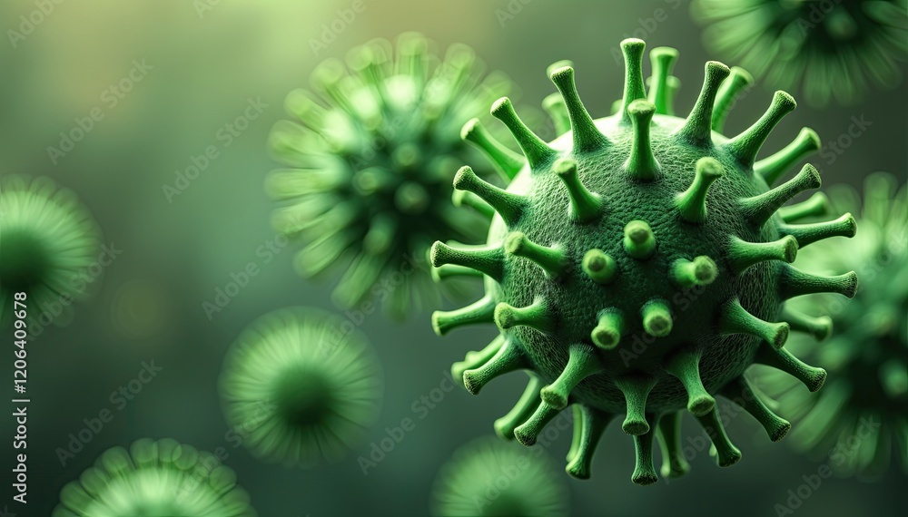 Poster microscopic view of a virus, highlighting its intricate structure and spiky surface. green hues domi