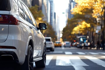 Vivid urban scene on a sunny autumn day featuring a modern white suv near a crosswalk