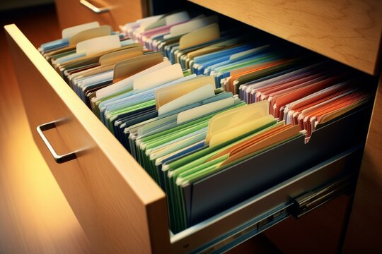 Open wooden filing cabinet drawer revealing neatly arranged, color coded files, emphasizing organization and efficient document management