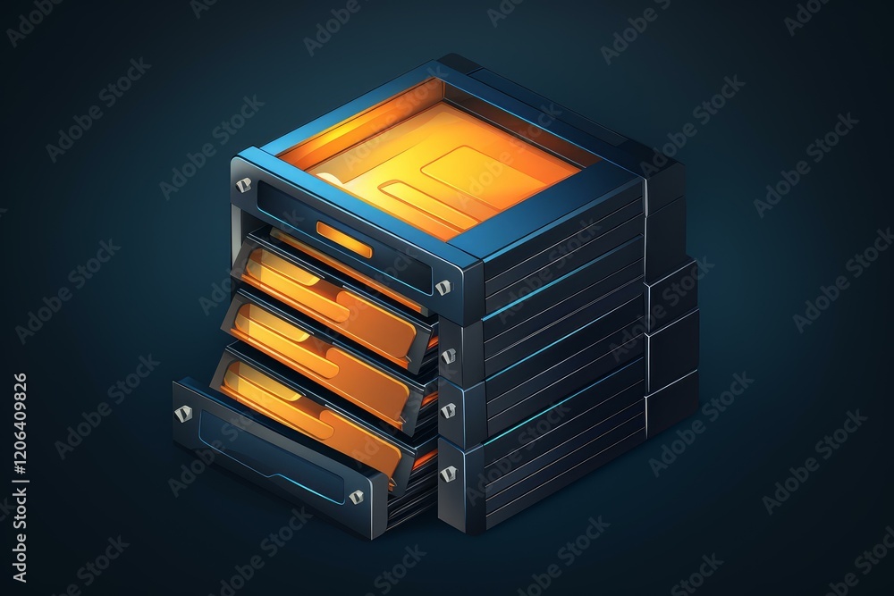 Poster glowing drawers extending from futuristic server rack symbolize data storage and retrieval in modern