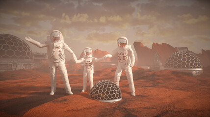 a family of astronauts in a colony on Mars, mom, dad and child astronauts space travelers render 3d © de Art