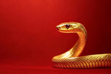 Fototapeta premium 3D gold snake on red background, Chinese New Year concept