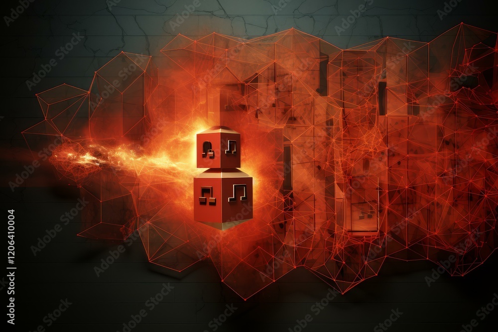 Poster red glowing music notes inside digital cubes emerging from network grid with orange lights over dark