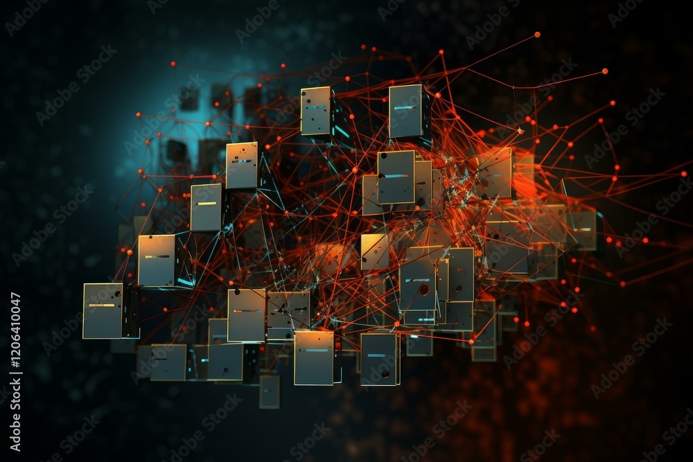 Poster abstract 3d rendering of interconnected cubes forming a complex network, symbolizing data flow and t
