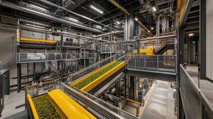 Fototapeta premium Modern automated production facility with yellow conveyor belts transporting goods indoors