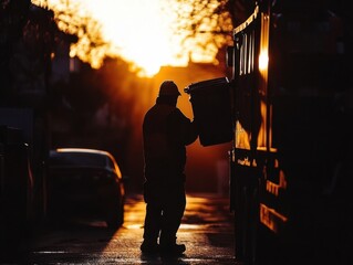 Garbage Collector Lifting Bin at Dawn on Empty Street