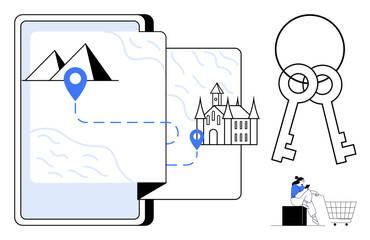Tablet for navigation, map with path from mountains to castle, key icons, person shopping. Ideal for travel, exploration, navigation, digital maps, security user interaction consumer behavior