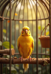 Fototapeta premium Canary bird on perch in cage, soft bokeh background, Pet Day