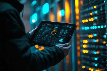 Professional it specialist monitors system with futuristic tablet in dimly lit server room