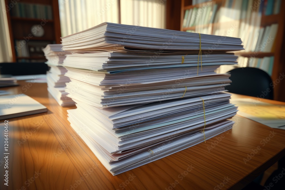 Poster stack of documents sitting on desk in office with bookcase