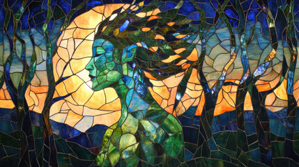 A stained-glass depiction of a serene forest spirit, its form made of vivid greens and blues, glowing with ethereal light