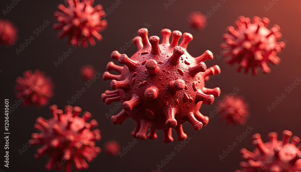 Poster microscopic view of red viruses. detailed 3d rendering of viral structures, highlighting their compl
