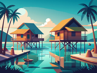 A cluster of traditional Bajau stilt houses over turquoise water.