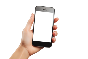 mockup Hand Holding mobile phone with white screen isolated on transparency background Template