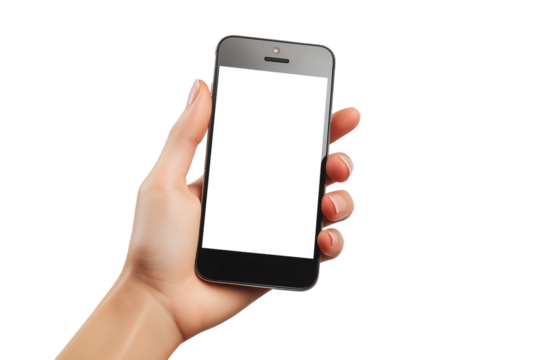 mockup Hand Holding mobile phone with white screen isolated on transparency background Template