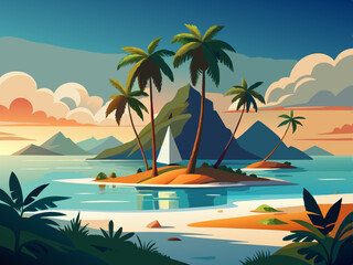 Fototapeta premium A tropical island in the Banda Sea with white sand beaches and palm trees.