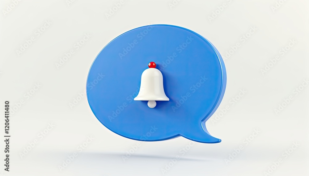 Poster notification alert: a 3d rendering of a blue speech bubble with a white bell icon, signifying a new 