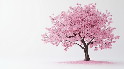  cherry blossom tree with pink flowers in full bloom on a white background. Spring and nature concept.