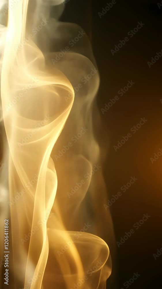 Poster swirling golden smoke patterns creating an ethereal effect in a dimly lit space during the evening h