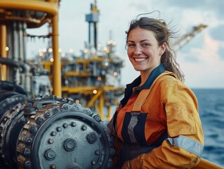 Woman in Industrial Clothing on Offshore Oil Rig