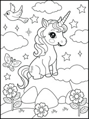 Illustration of a cute baby unicorn cartoon character. Black and white Printable Unicorn coloring page for kids.