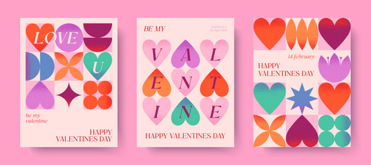 Happy Valentines Day romantic illustrations.Modern typography banner templates.Romantic greeting posters with hearts,geometric shapes background.Trendy vector concepts for prints,invitations,ad,covers