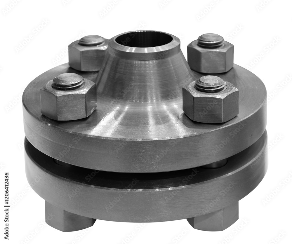 Poster a metal piece with four nuts on it. it is shiny and metallic. it is a part of a larger piece of mach