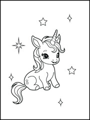 Illustration of a cute baby unicorn cartoon character. Black and white Printable Unicorn coloring page for kids.