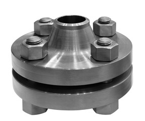 A metal piece with four nuts on it. It is shiny and metallic. It is a part of a larger piece of machinery