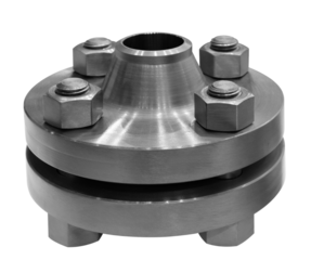 A metal piece with four nuts on it. It is shiny and metallic. It is a part of a larger piece of machinery