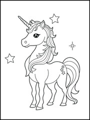 Illustration of a cute baby unicorn cartoon character. Black and white Printable Unicorn coloring page for kids.