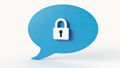 Secure communication concept: A blue speech bubble with a white padlock symbol, representing secure messaging or data protection.