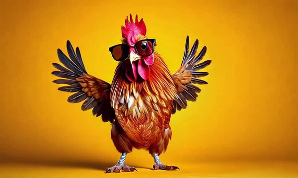 Cute Rooster Wearing Sunglasses Dancing on a Yellow Background