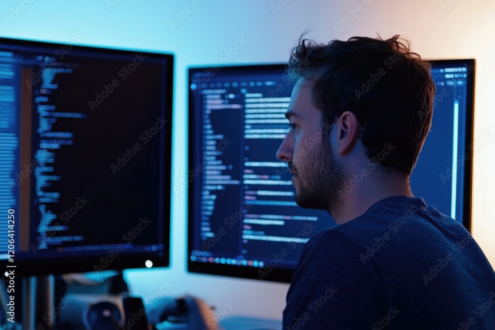 Aufkleber a focused programmer diligently works late into the night, immersed in lines of code on dual monitor