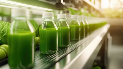 Fresh green juice bottles on a conveyor belt in a vibrant production facility with greenery
