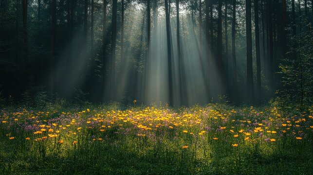 Sunbeams illuminate forest meadow wildflowers