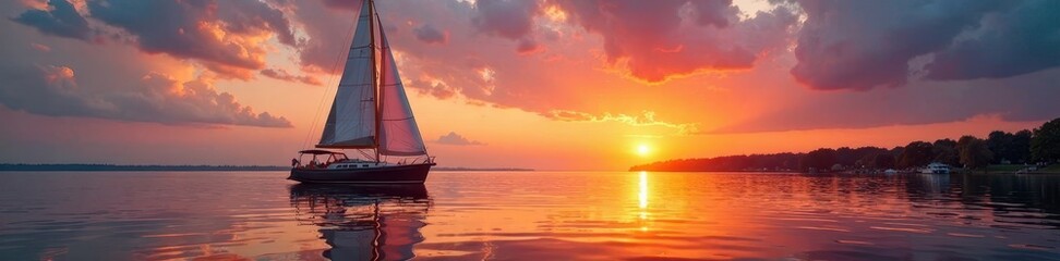 Obraz premium Sailing yacht on Nord Ostseekanal near Kiel at sunset, harbour,